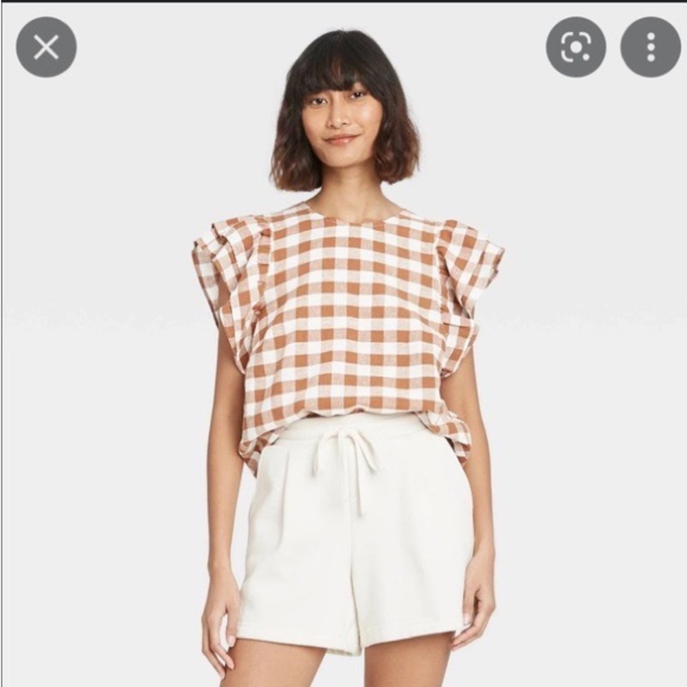 A New Day Brown Gingham Ruffle Sleeve Blouse